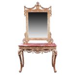 A 19th century style mirror-backed gilt console table with red marble top, the mirror surmounted