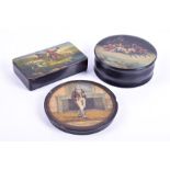 A Russian lacquer snuff box designed after Vishniakov, depicting a troika scene in the snow,