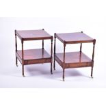 A pair of George III style mahogany nightstands each of square form with quarter veneered surface,