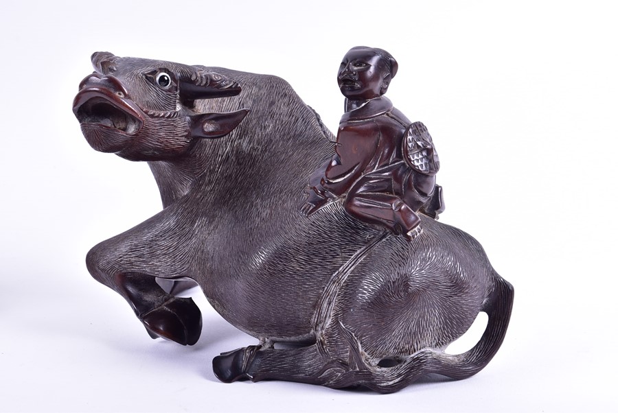 A pair of Chinese carved hardwood 'Buffalo and child' models with textured detail to the buffalos, - Image 8 of 9