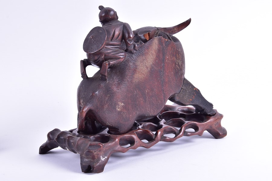 A pair of Chinese carved hardwood 'Buffalo and child' models with textured detail to the buffalos, - Image 7 of 9