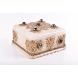 A late Victorian white onyx jewellery box of square form set with banded agate cabochon stones in