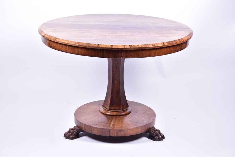 A William IV circular rosewood breakfast table, the circular tilt top with sloped border, set - Image 3 of 5