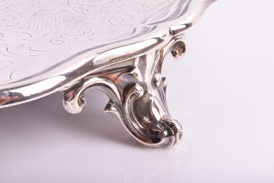 A Victorian silver salver Sheffield 1856, James Dixon and Sons, with scalloped borders, raised on - Image 5 of 6