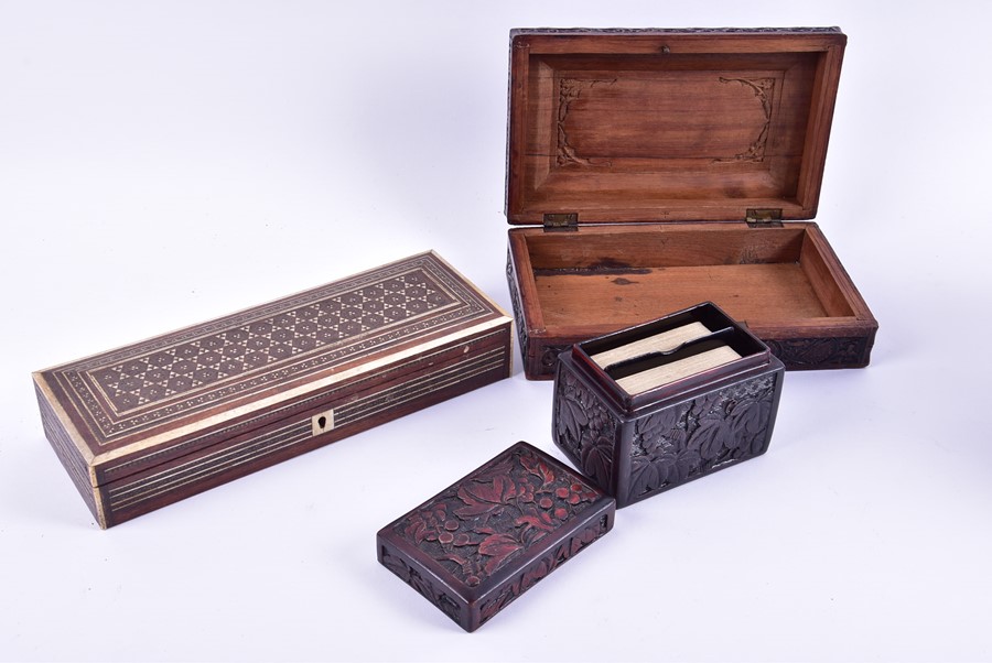 A collection of relief carved hardwood boxes along with one with bone inlay of rectangular form - Image 6 of 6