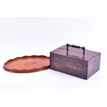 A Victorian mahogany stationery/sewing box with turned handle, open flap doors and pull out drawer