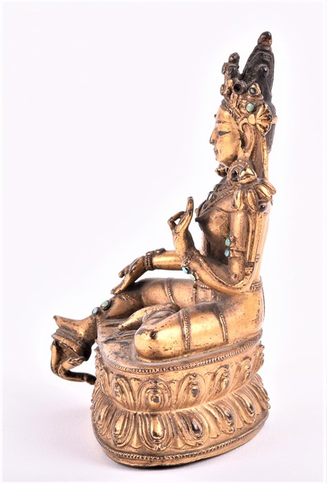 A fine Tibetan gilt metal figure of Tara, 15th/16th century, cast seated in lalitasana on a double - Image 5 of 8