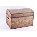 An early 18th century petit-point needlework domed trunk  bound in woven fabric, the body