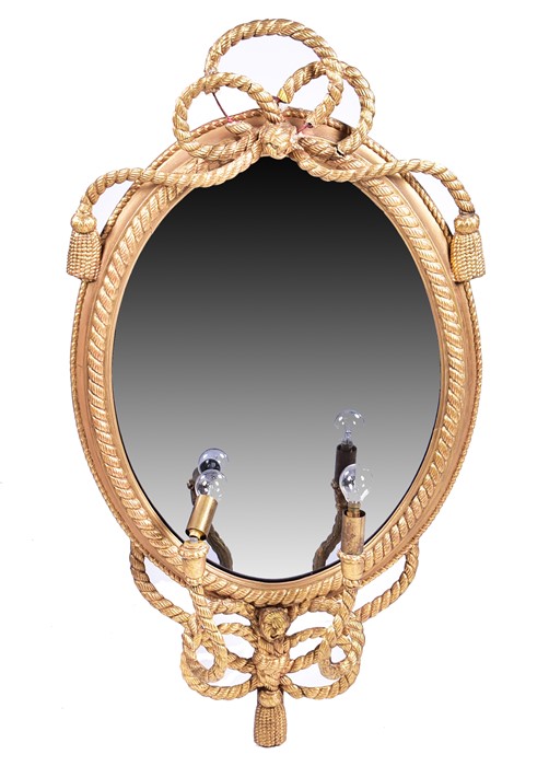 An early 20th century mirrored oval girandole designed with intertwined rope knots, comprising two