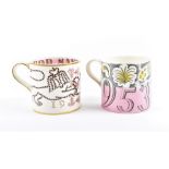 A Wedgwood 1953 coronation mug designed by Eric Ravilious, with pink band, yellow highlights and