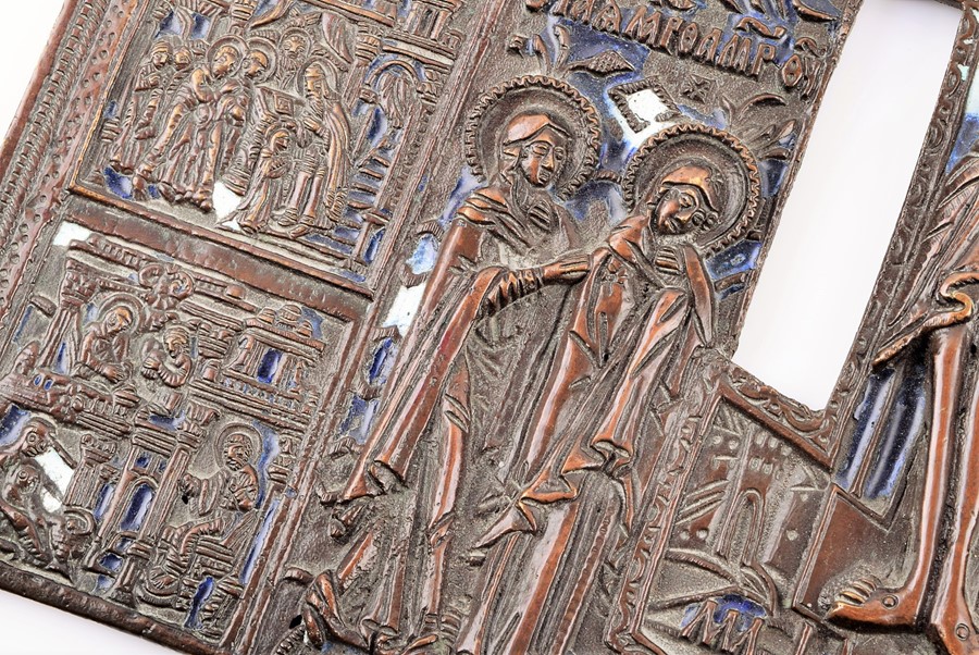 A Russian bronze ecclesiastical panel possibly 19th century, depicting the crucifixion of christ, - Image 2 of 8