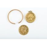 Two gold American coins one mounted as a pendant, together with an 18ct yellow gold band ring (a/f).