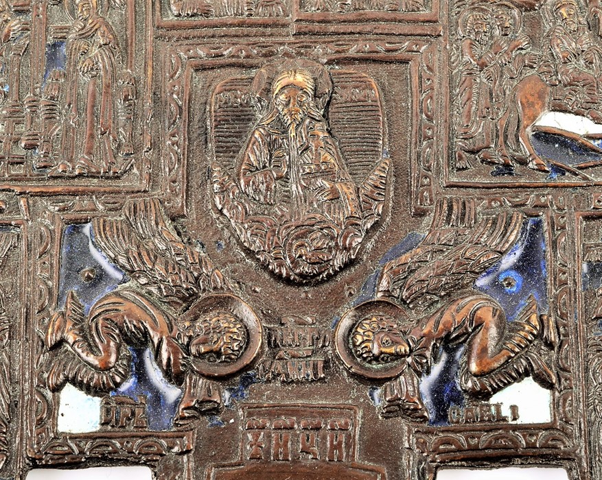 A Russian bronze ecclesiastical panel possibly 19th century, depicting the crucifixion of christ, - Image 4 of 8