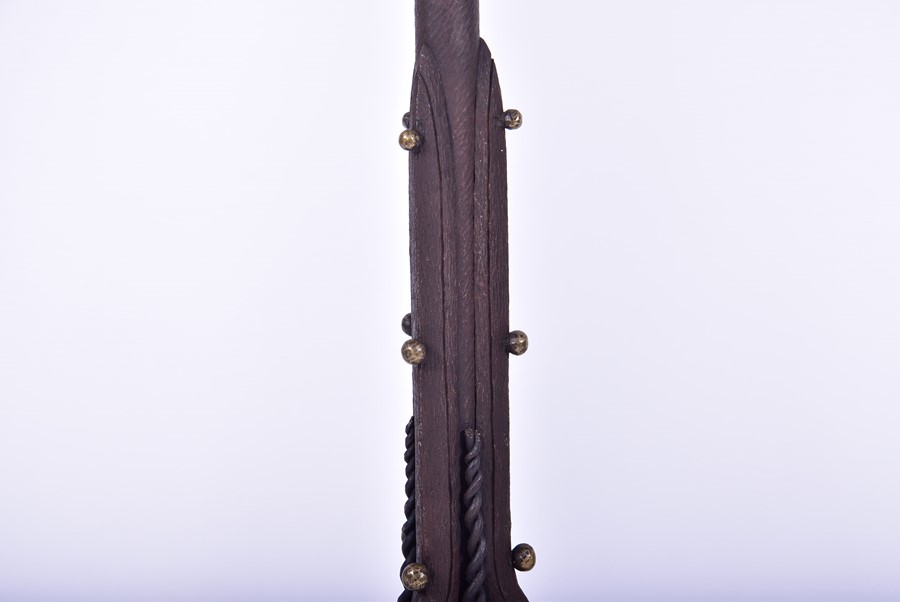 A late 19th century wrought iron telescopic Arts and Crafts lamp standard with applied metal - Image 6 of 14