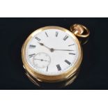 An 18ct yellow gold open face pocket watch the white enamel dial with black Roman numerals, and