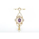 A yellow metal, pearl, amethyst, and white topaz drop pendant / brooch the pearl and topaz bar