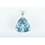 A platinum and aquamarine pendant set with a trillion-cut aquamarine, measuring approximately 20 x