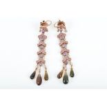 A pair of rose gold, diamond, pink sapphire, and tourmaline articulated drop earrings the