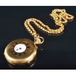 A Victorian 18ct yellow gold half hunter fob watch the white enamel dial with black Roman