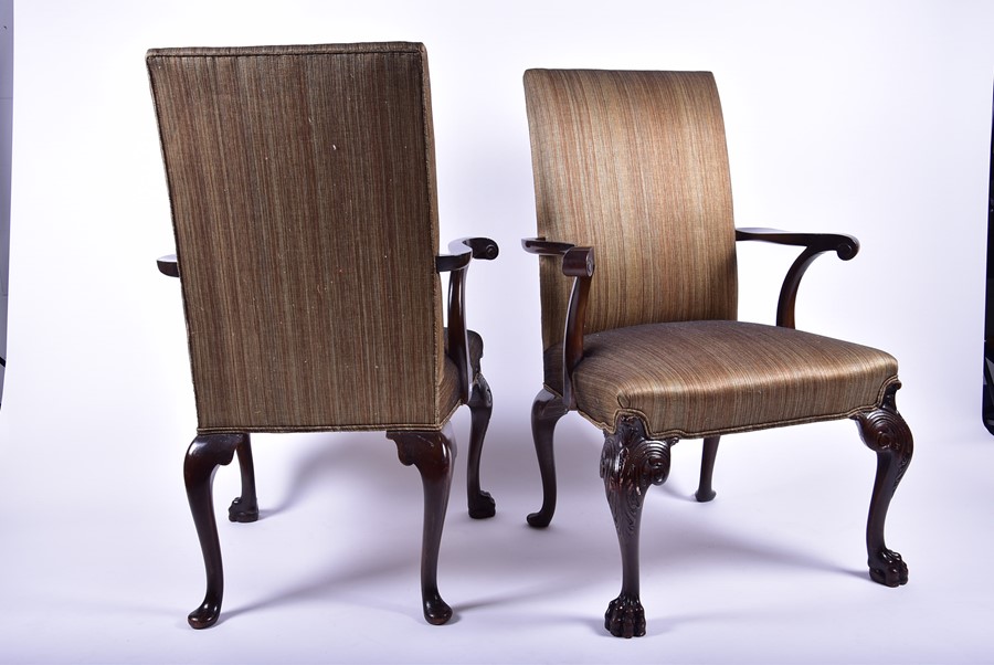 A pair of George II style antique 'Gainsborough' armchairs possibly reproduction, each with - Image 3 of 4