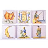 Six 19th century tin glazed tiles possibly Russian, decorations to include a crescent moon,