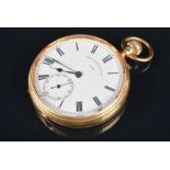 An 18ct yellow gold open face pocket watch by Thomas Russell & Son the white enamel dial with