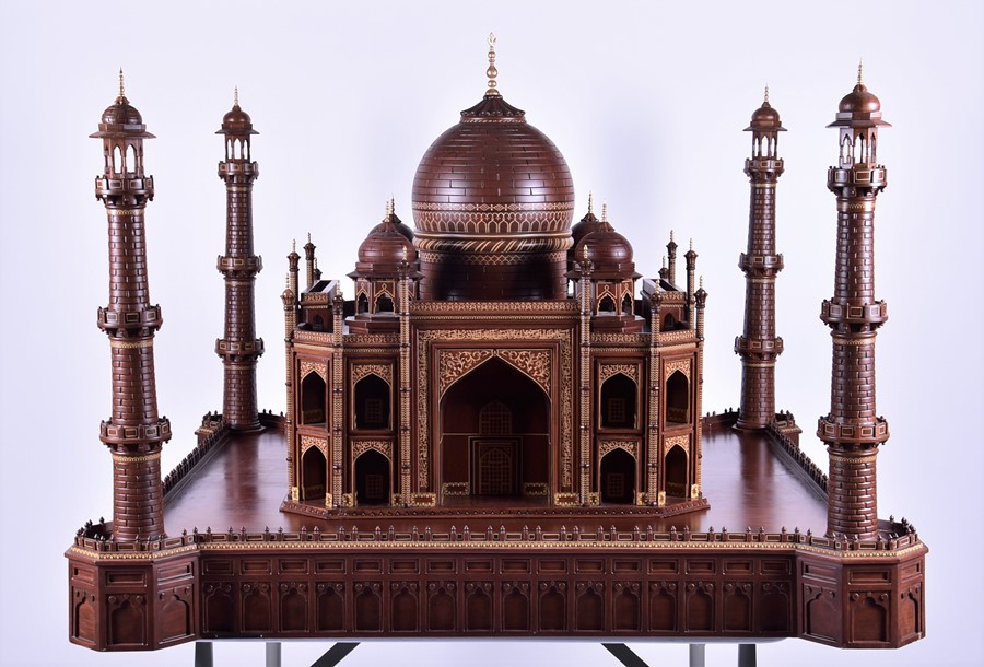 A large and accurate hand-built scale model of the Taj Mahal in Burmese teak the wood dating from