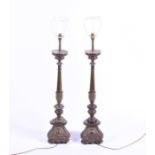 A near pair of large early 20th century French brass table lamps with inverted tapering columns on