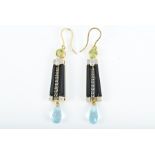 A pair of 18ct yellow gold, diamond, sapphire, onyx and gemstone drop earrings each with a tapered