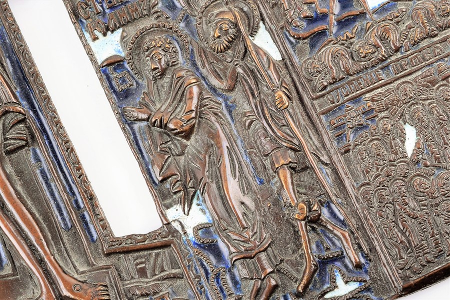 A Russian bronze ecclesiastical panel possibly 19th century, depicting the crucifixion of christ, - Image 3 of 8