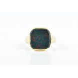 A yellow gold and bloodstone gents signet ring set with a blank square-cut bloodstone, shank