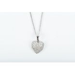 A white gold and diamond heart-shaped pendant pave set with round-cut diamonds, approximately 1 cm