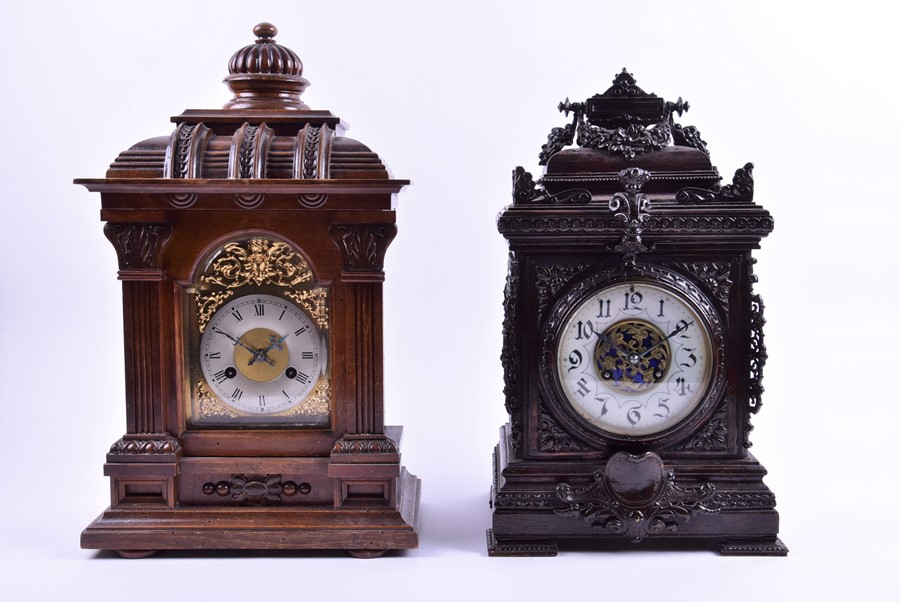 A late 19th century painted wood and brass-mounted mantel clock in the Renaissance style, with a