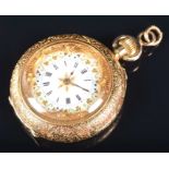 A Victorian 14ct gold fob watch the white enamel dial with black Roman numerals and flowers, with