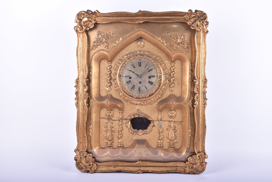 A 19th century European framed wall clock architectural in form, possibly Austro-Hungarian, with