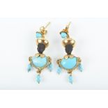 An unusual pair of yellow metal and turquoise Blackmoor earrings in the 19th century style,