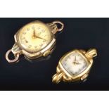 Two ladies Tudor gold wristwatches one 18ct with a square silvered dial and baton hour markers,