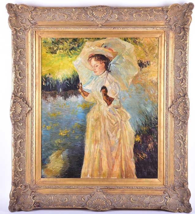 An impressionist style painting of a lady and parasol European school, oil on canvas, housed in an