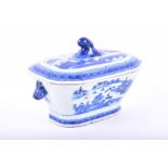 A 19th century Chinese blue and white covered tureen decorated with building sand trees in a water