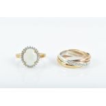 A 9ct tri-coloured gold and diamond band ring size N, together with a 9ct yellow gold, diamond,