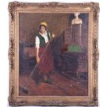 An early 20th century portrait of a female cleaning an interior, oil on canvas, apparently unsigned,