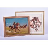 A 20th century watercolour painting of galloping horses on paper, signed Cardio, framed, 60 cm x