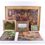 A collection of miscellaneous paintings to include three impressionist works on board, one depicting