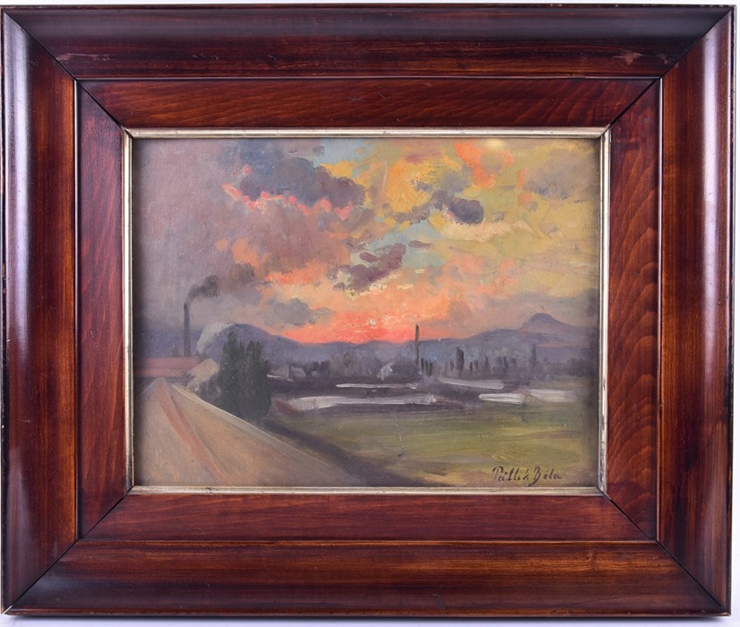 Béla Pállik (1845-1908) Hungarian  landscape of an industrial town signed lower right, framed, 40 cm