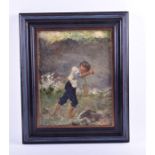 British school, 'Stormy seas' oil on canvas, depicting a young man battling high winds, housed in an