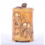 An impressive 19th century ivory container, possibly Tokyo school the raised decoration depicts a