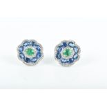 A pair of 18ct white gold, diamond, emerald, and sapphire floral cluster earrings open-back setting,