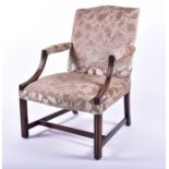 A Georgian mahogany 'Gainsborough' style open armchair having a bow shaped back, padded arm supports