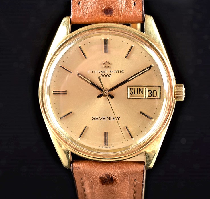 An Eternamatic 3000 Seven Day 18ct yellow gold automatic wristwatch the gilt dial with baton hour