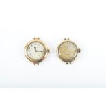 Two early 20th century 9ct gold ladies watches with silvered dials, lacking straps.